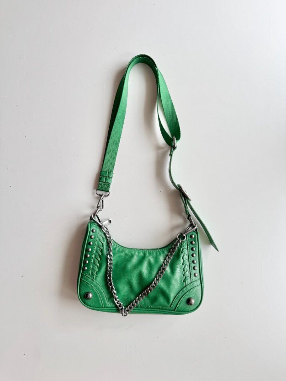 NWOT ZARA Green Faux Leather Studded Woven Chain Crossbody Bag Purse